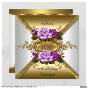 100th Birthday Party Elegant Roses Purple Gold Invitation