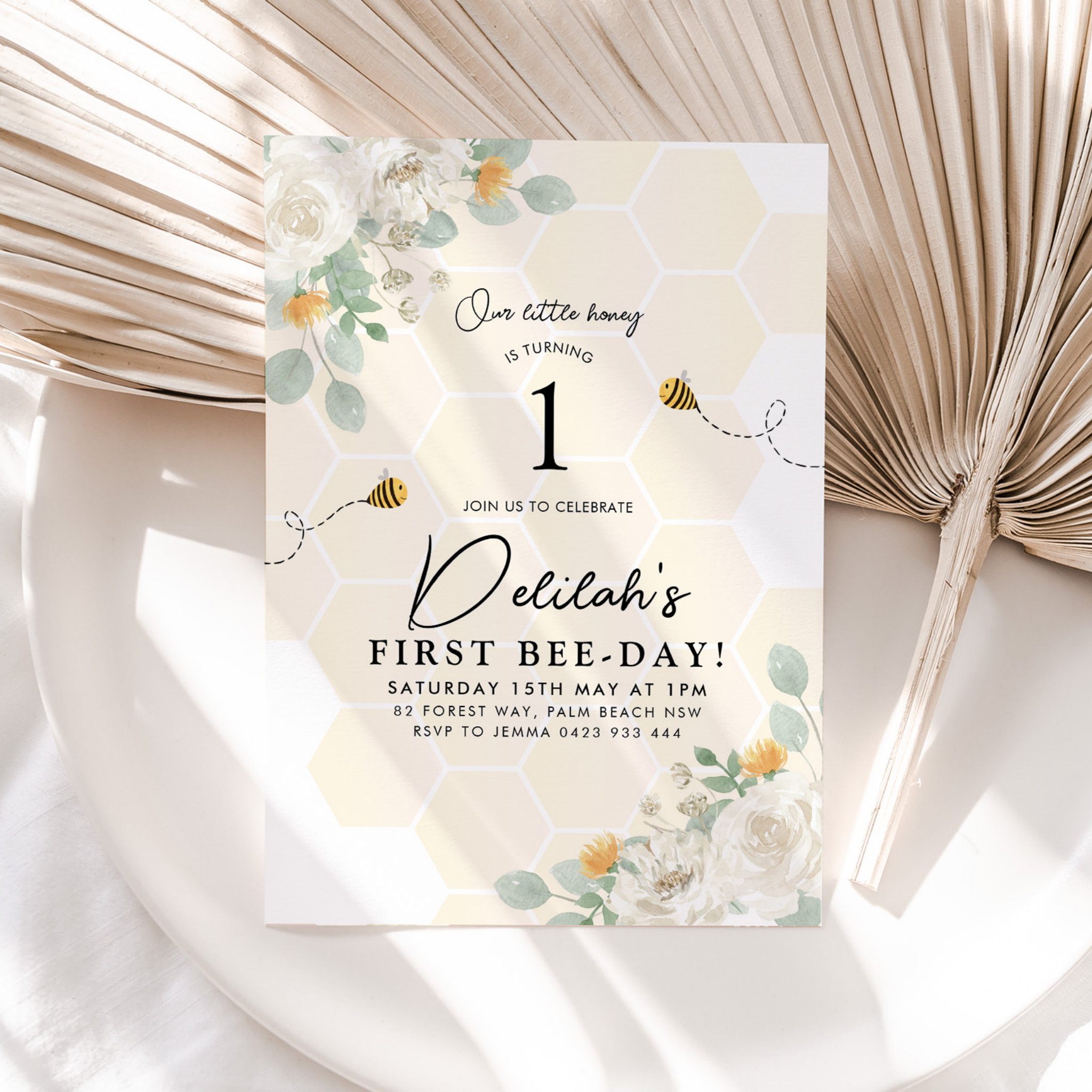 1st Bee Day Bumble Bee Girls Birthday Honey Floral Invitation