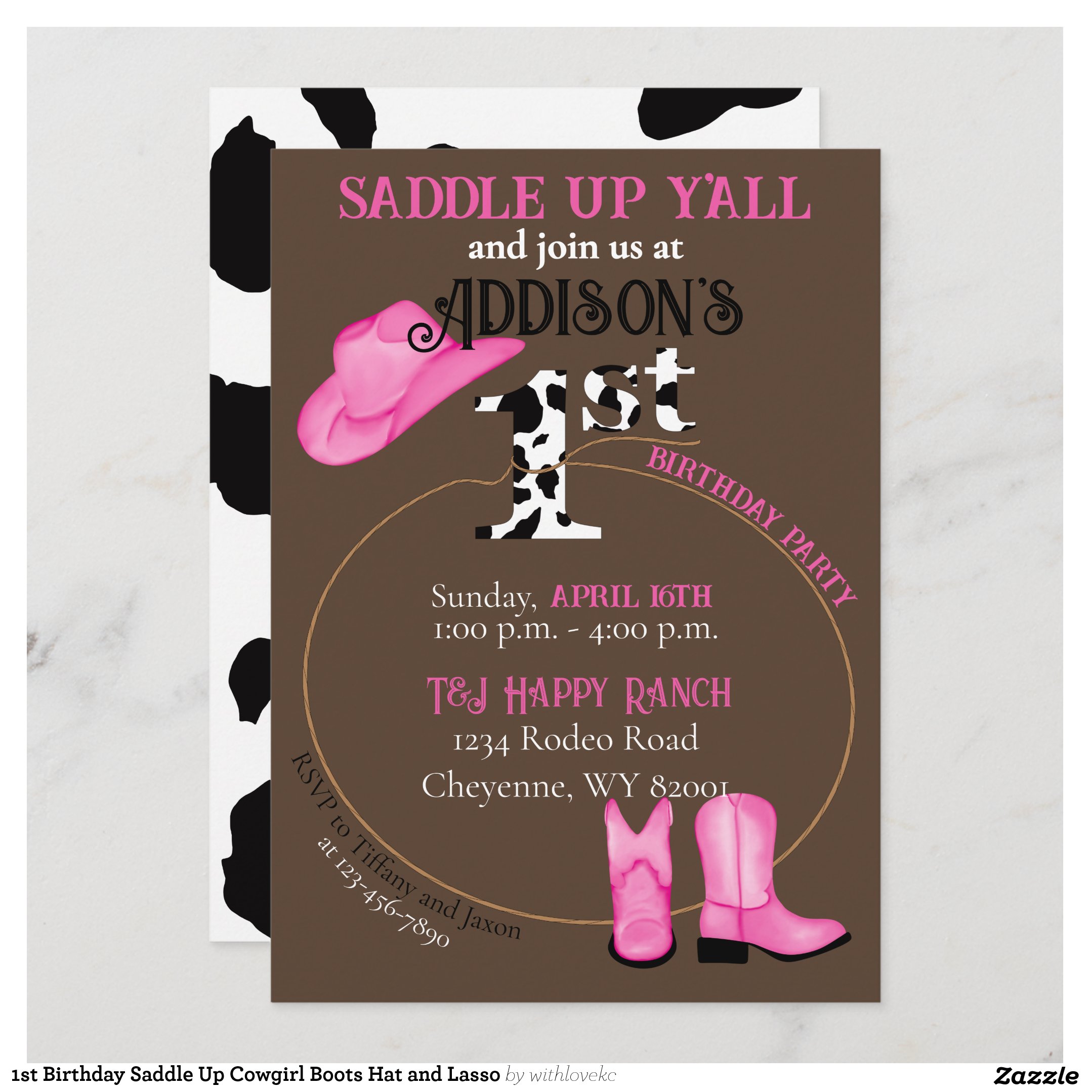 1st Birthday Saddle Up Cowgirl Boots Hat and Lasso Invitation