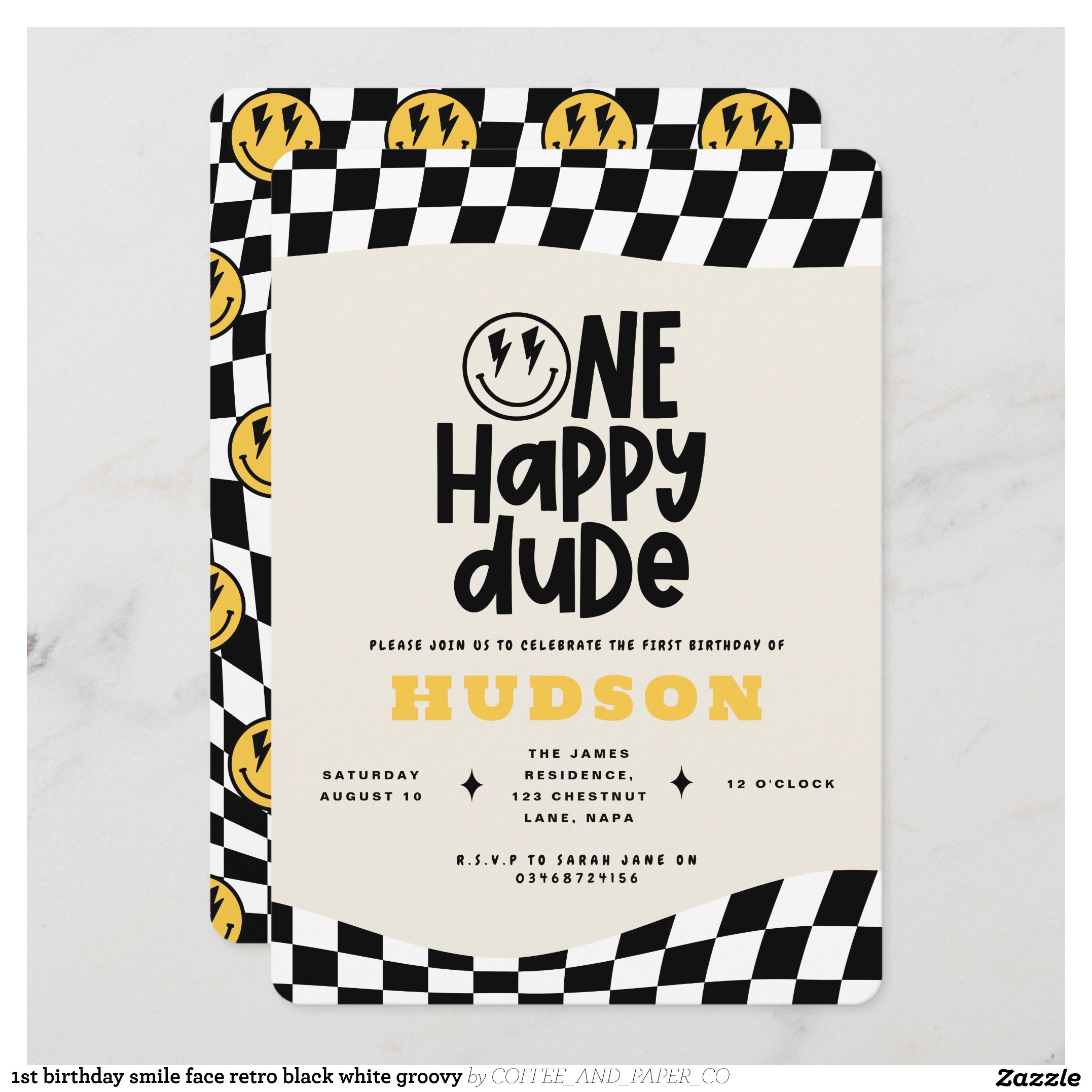 1st birthday smile face retro black white groovy invitation