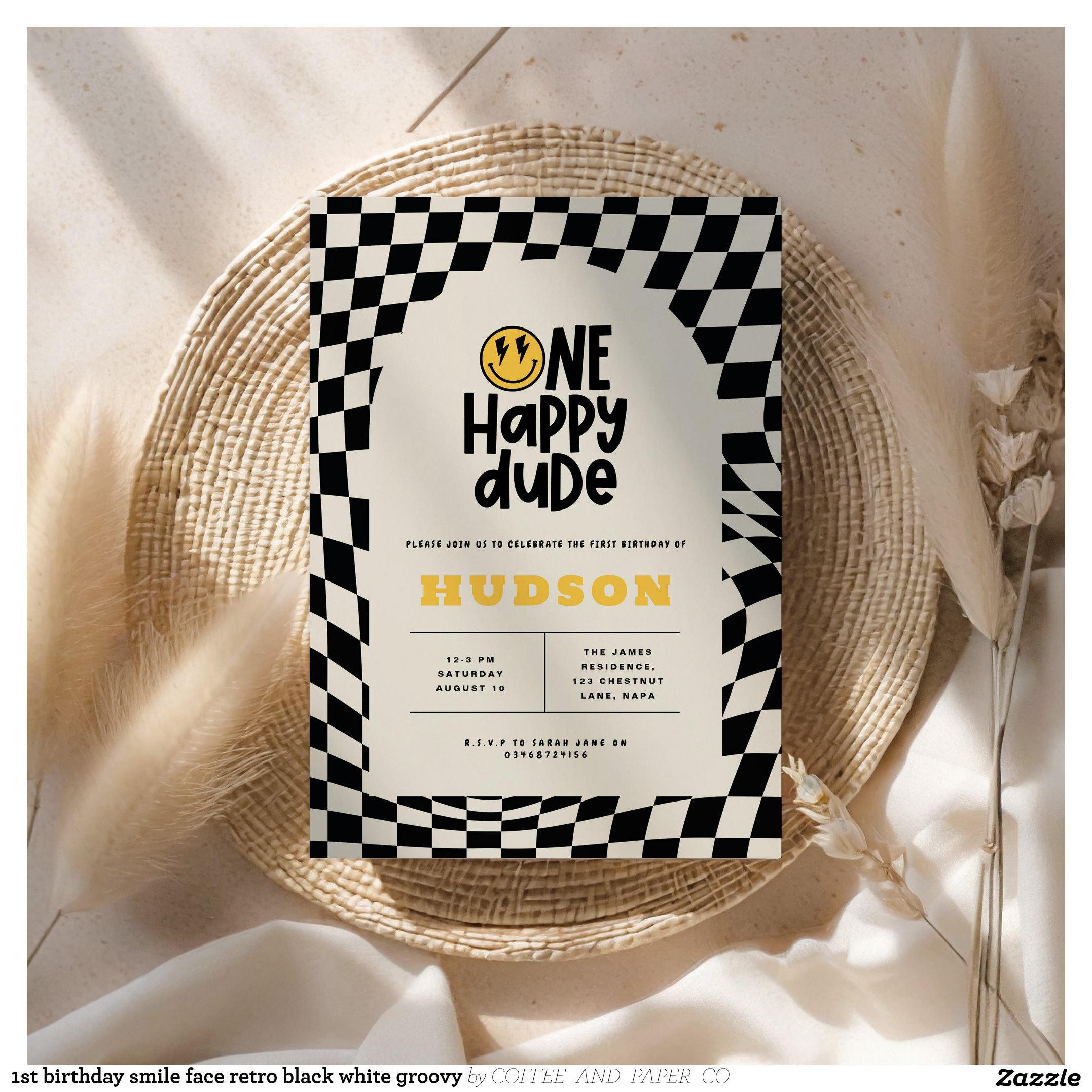 1st birthday smile face retro black white groovy invitation