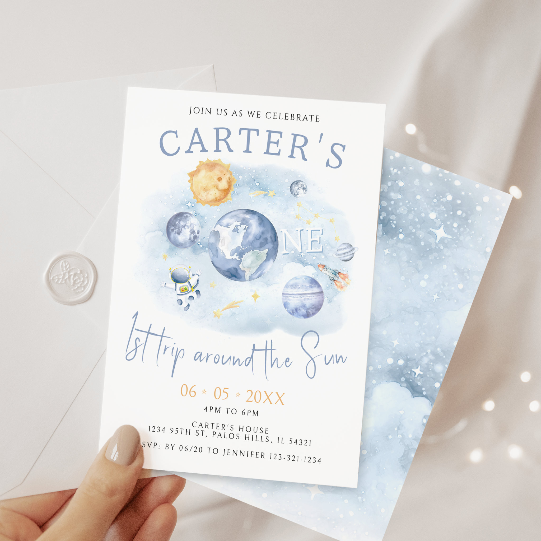 1st trip around the sun space planets birthday boy invitation