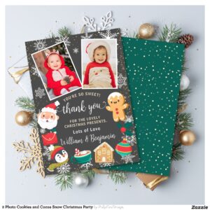 2_photo_cookies_and_cocoa_snow_christmas_party_thank_you_card-r_iiwljs_2154 2 Photo Cookies and Cocoa Snow Christmas Party Thank You Card