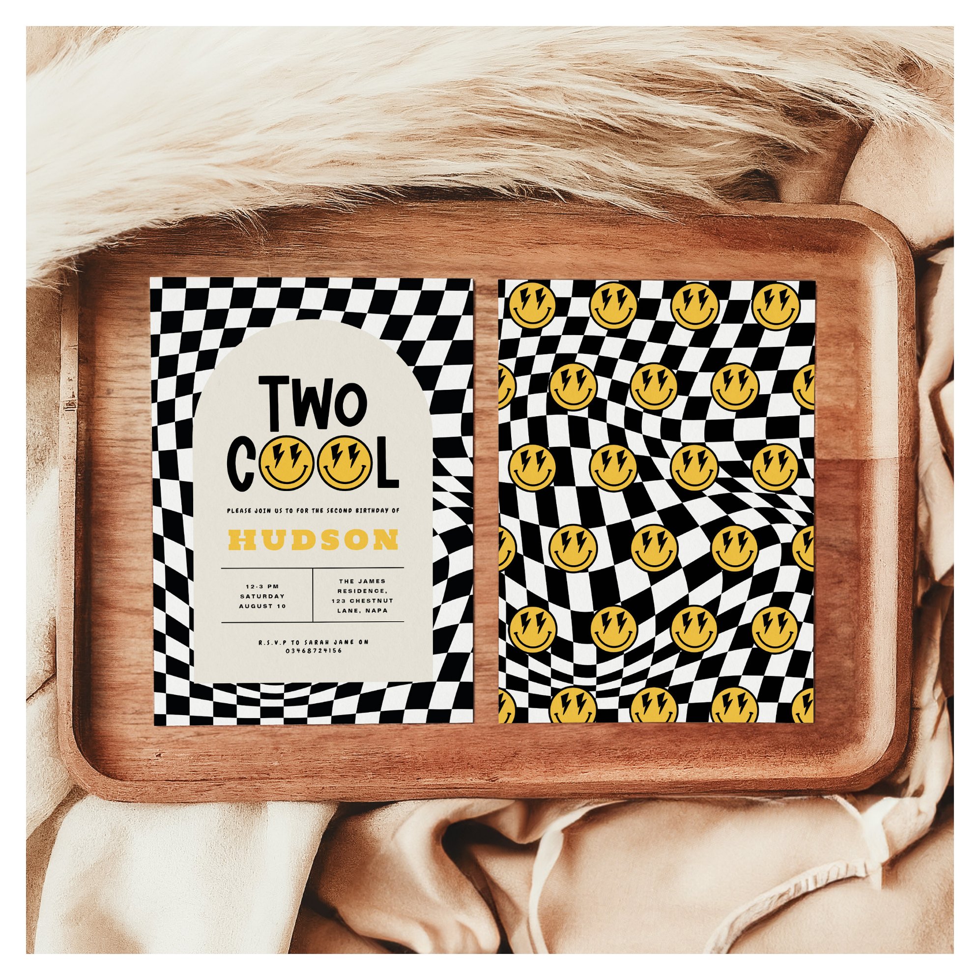 2nd birthday smile face retro black white groovy invitation
