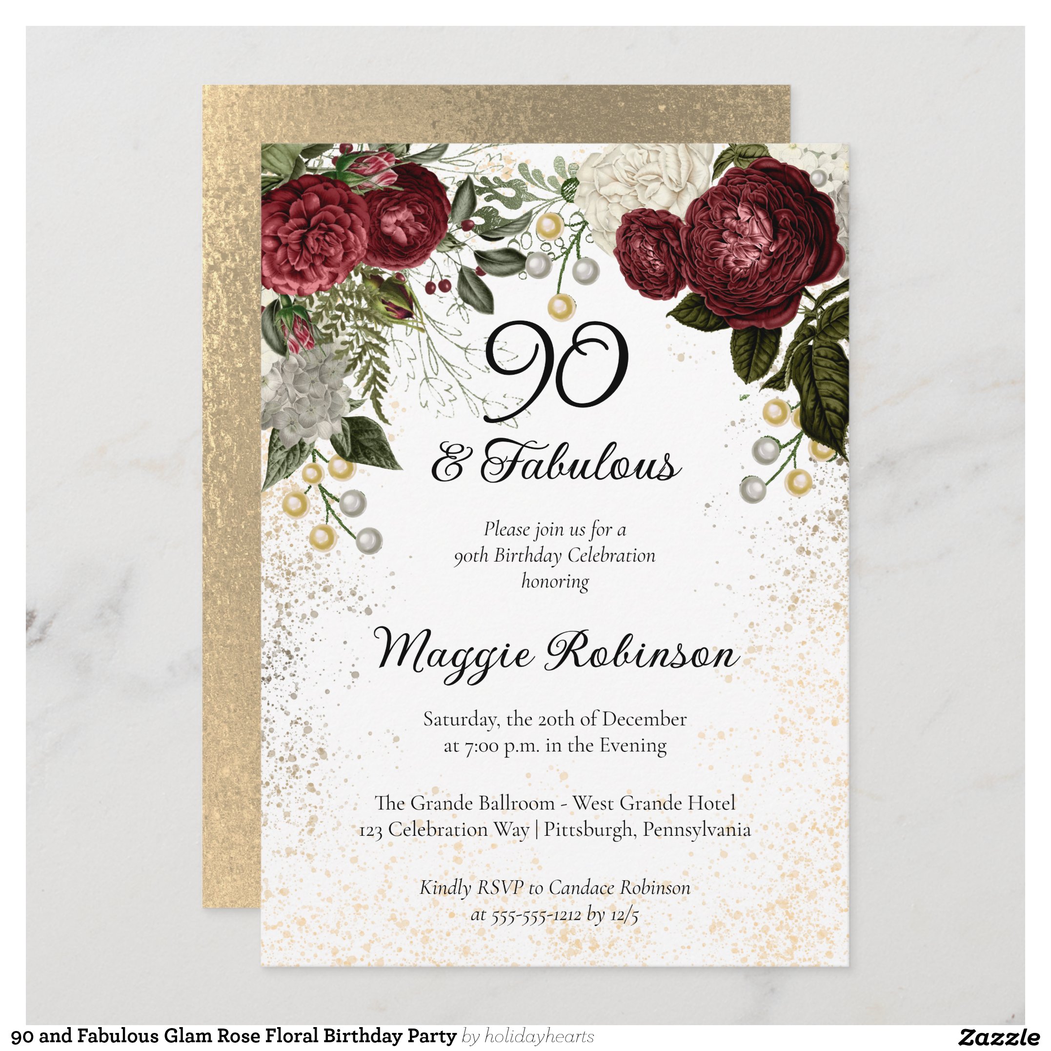 90 and Fabulous Glam Rose Floral Birthday Party Invitation