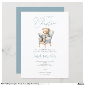 a_new_chapter_begins_teddy_bear_baby_shower_boy_invitation-r467d4ee0b9064539a98bbb59041eafa5_tcv4s_2154 A New Chapter Begins Teddy Bear Baby Shower Boy Invitation