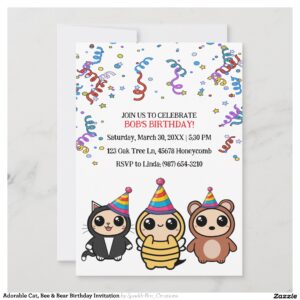 adorable_cat_bee_bear_birthday_invitation-r8a5ae0e59b9f4935a44304d85f28faef_tcvt0_2154 Adorable Cat, Bee & Bear Birthday Invitation