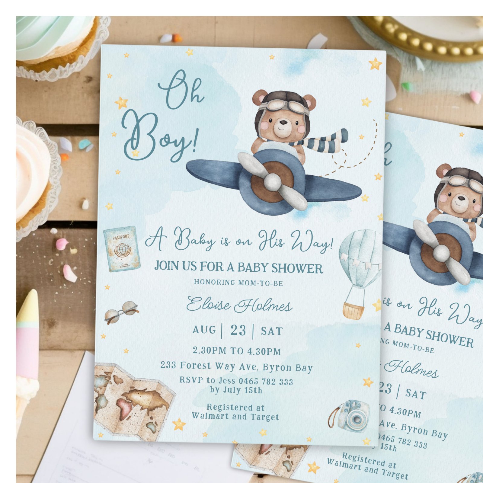Adventure Cute Bear Blue Plane Oh Boy Baby Shower Invitation