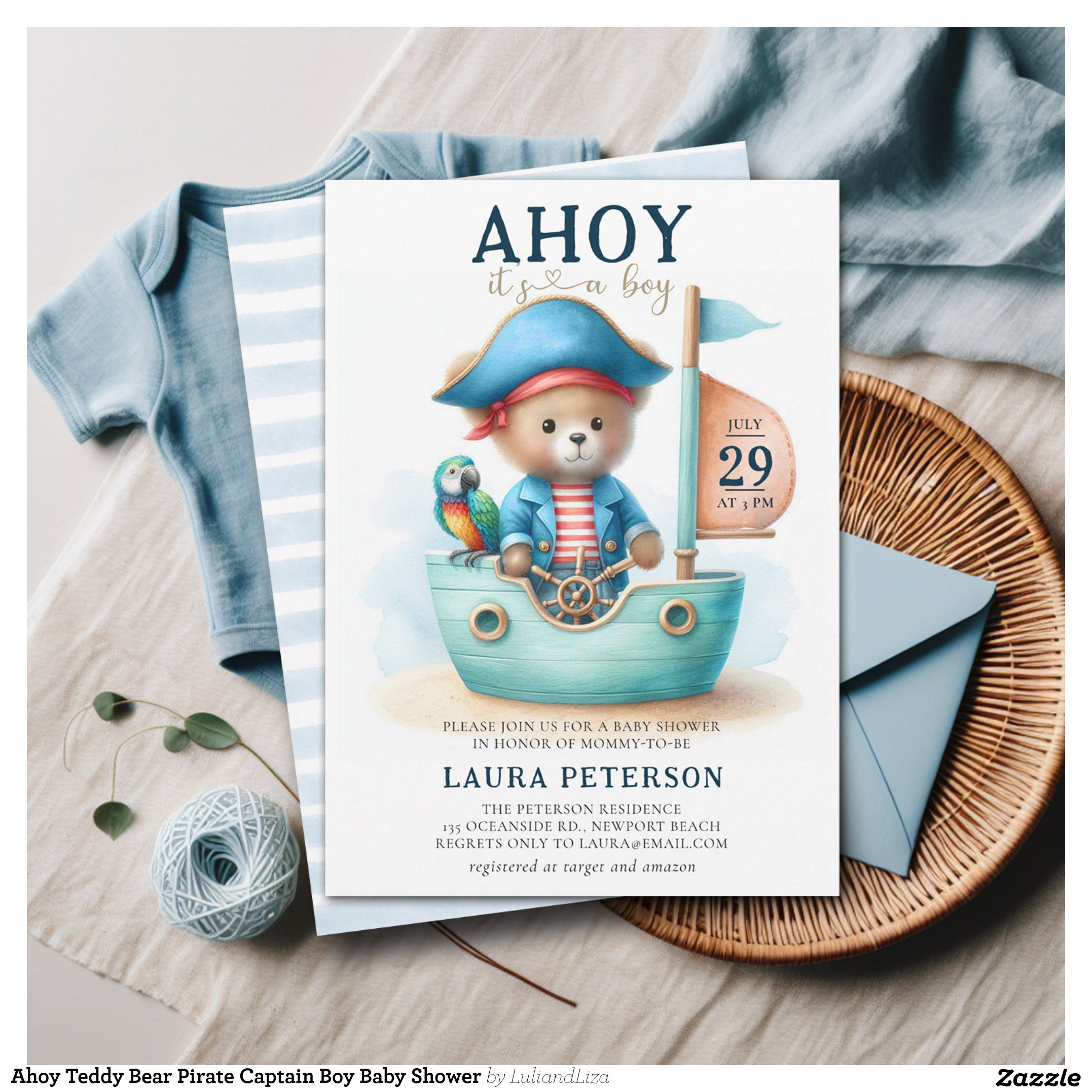 Ahoy Teddy Bear Pirate Captain Boy Baby Shower Invitation