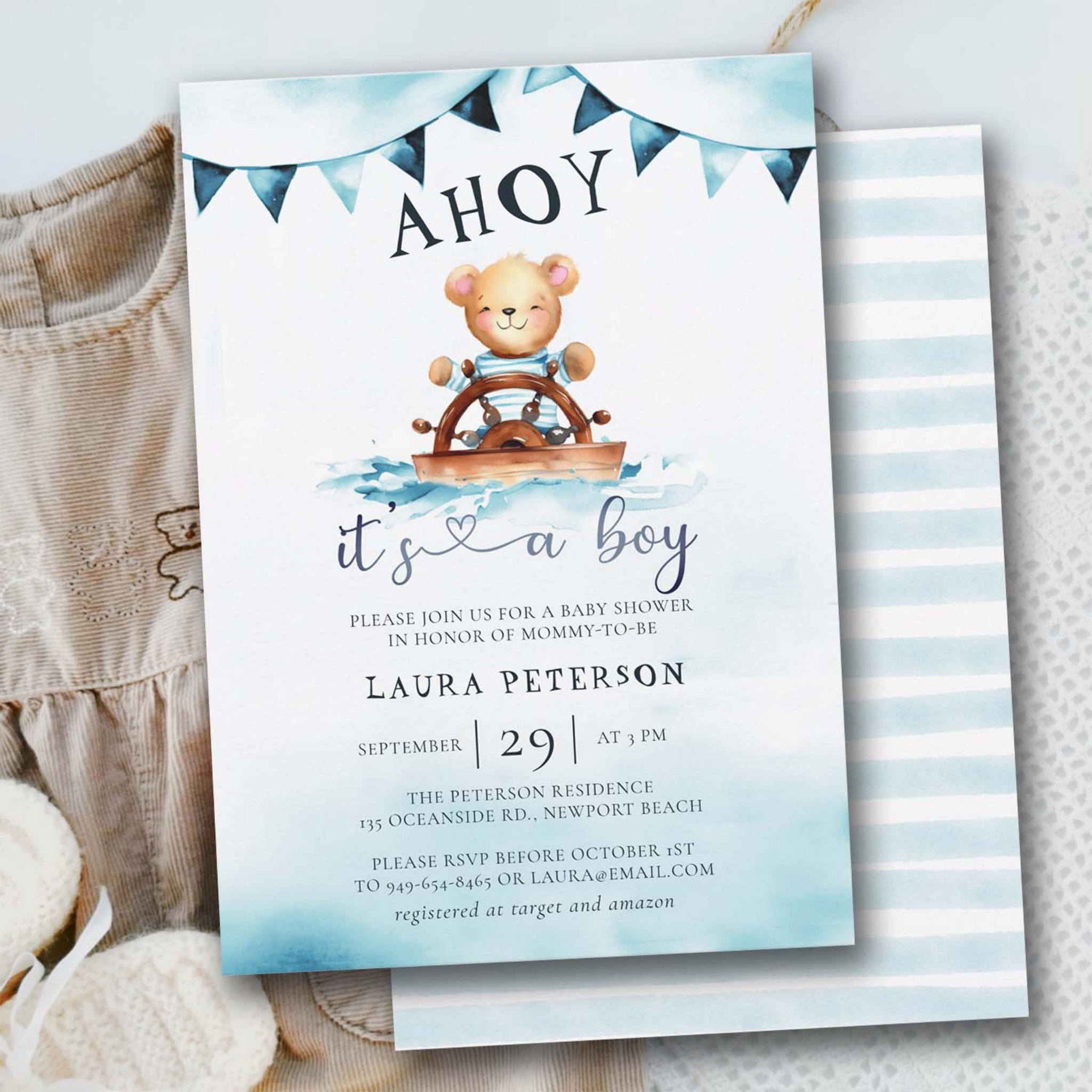 Ahoy Teddy Bear Waves Boat Helm Boy Baby Shower Invitation