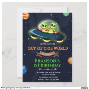 Alien space galaxy birthday invitation