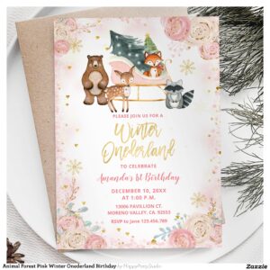 Animal Forest Pink Winter Onederland Birthday Invitation