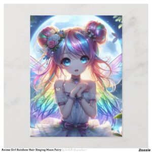 Anime Girl Rainbow Hair Singing Moon Fairy Postcard
