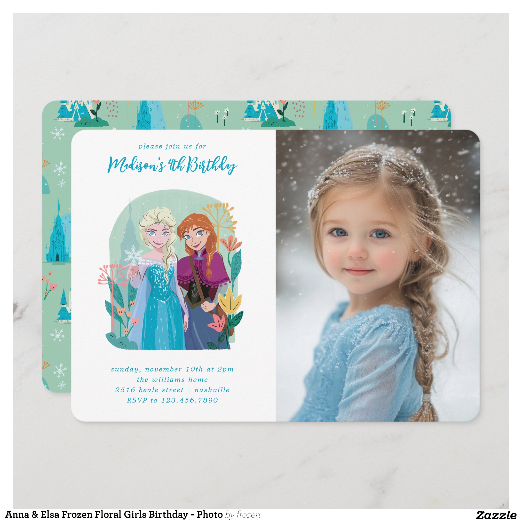 Anna & Elsa Frozen Floral Girls Birthday - Photo Invitation