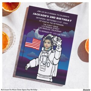 Astronaut On Moon Outer Space Boy Birthday Invitation