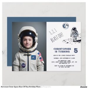 Astronaut Outer Space Blast Off Boy Birthday Photo Invitation