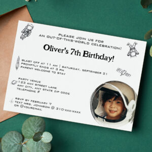 Astronaut Outer Space Minimalist 1 photo Birthday Invitation