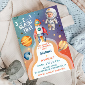 Astronaut Outer Space Rocket Ship Birthday Photo Invitation