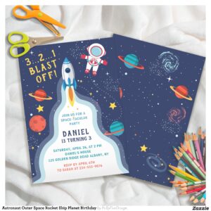 Astronaut Outer Space Rocket Ship Planet Birthday Invitation