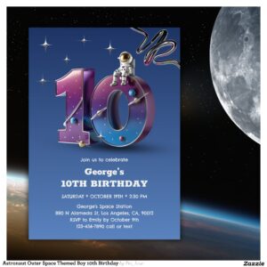 Astronaut Outer Space Themed Boy 10th Birthday Invitation