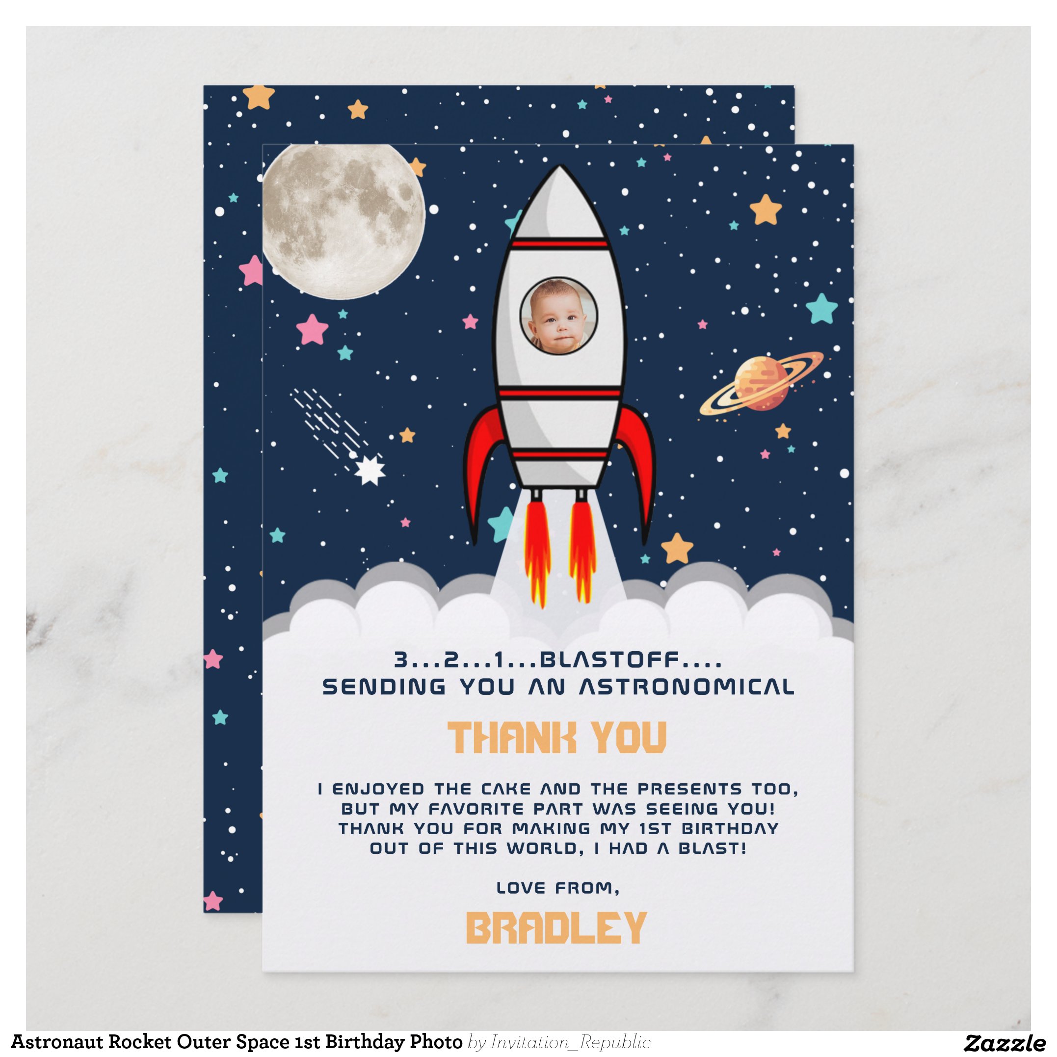 Astronaut Rocket Outer Space 1st Birthday Photo Thank You Card