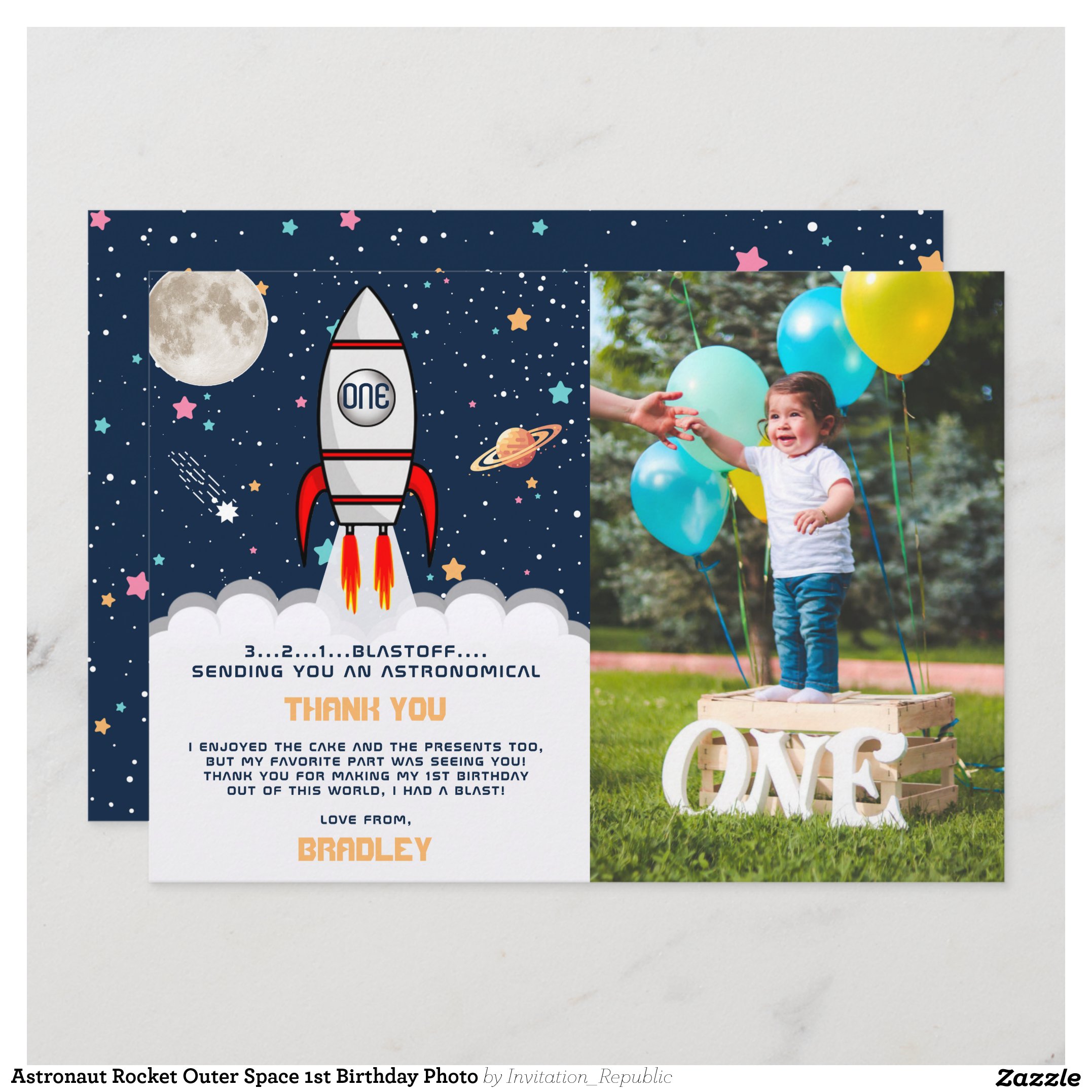 Astronaut Rocket Outer Space 1st Birthday Photo Thank You Card