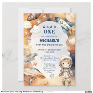 Astronaut Space First Trip Around The Sun Birthday Invitation