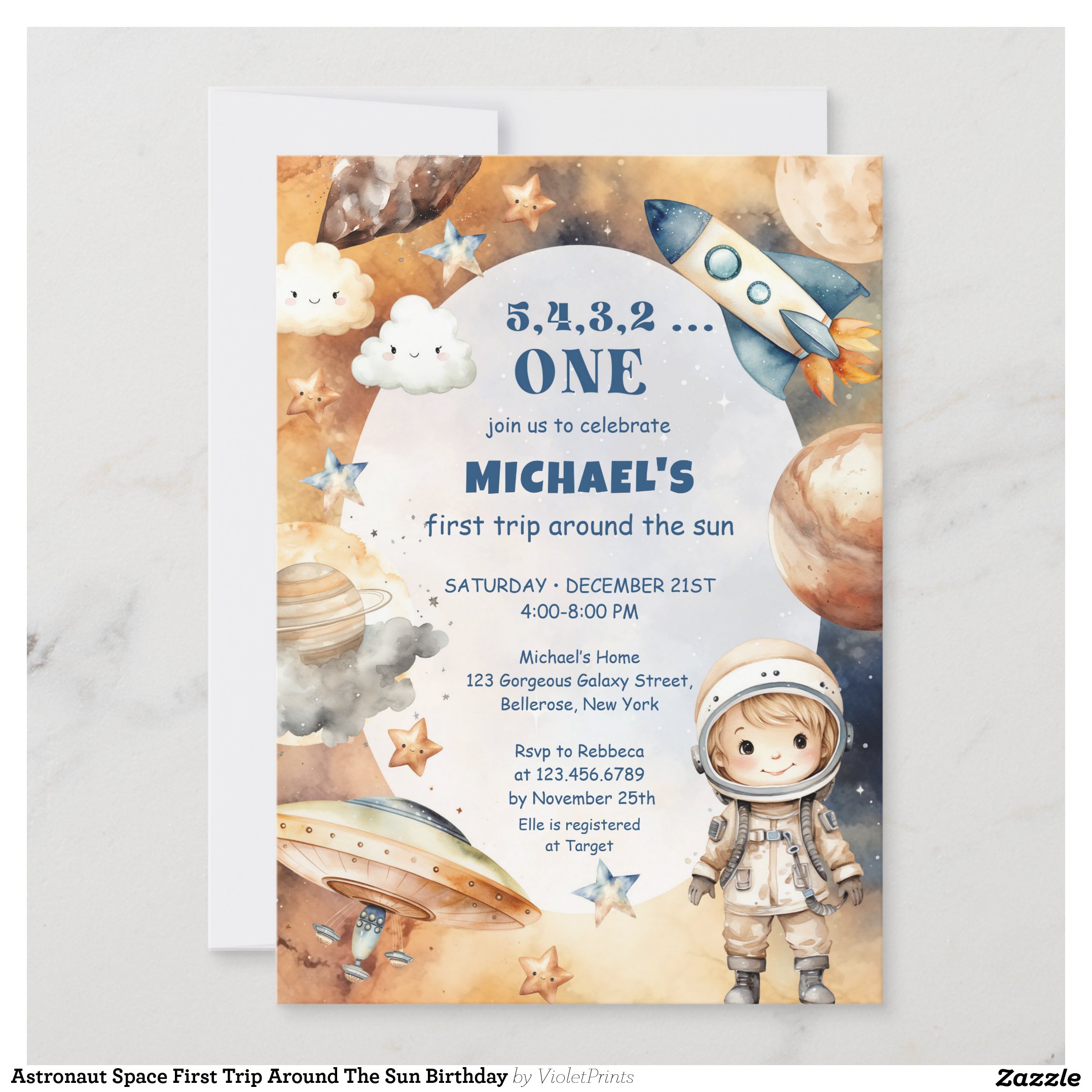 Astronaut Space First Trip Around The Sun Birthday Invitation