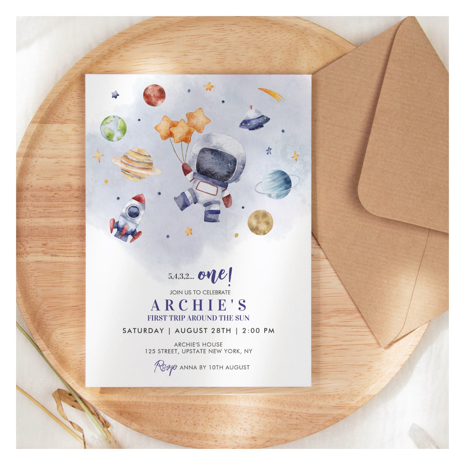 Astronaut Space First Trip Around The Sun Birthday Invitation