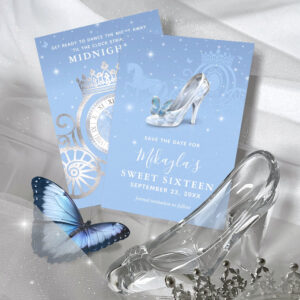 Baby Blue Silver Shoe Cinderella Sweet 16 Birthday Save The Date