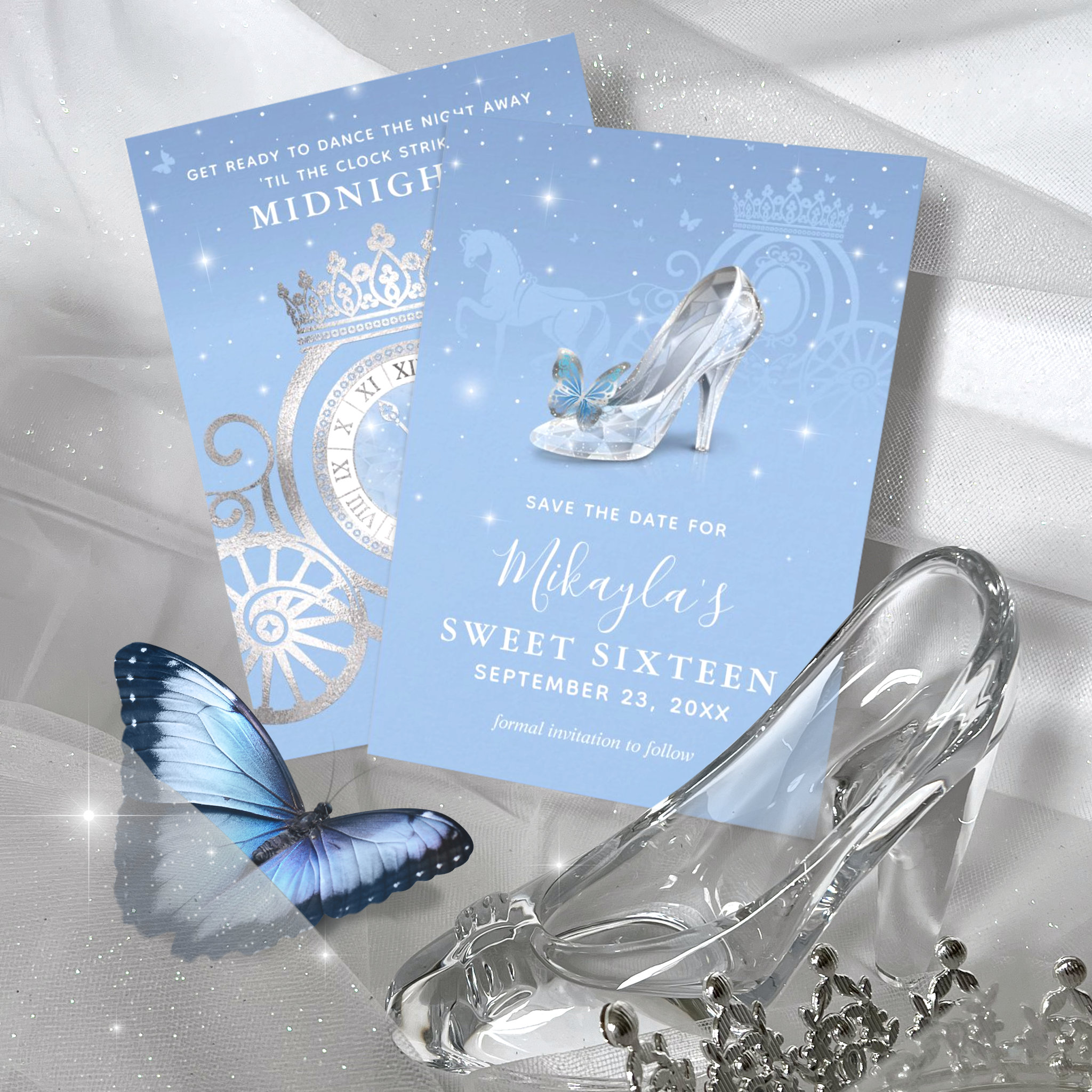 Baby Blue Silver Shoe Cinderella Sweet 16 Birthday Save The Date