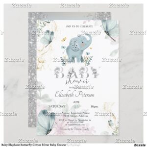 Baby Elephant Butterfly Glitter Silver Baby Shower Invitation
