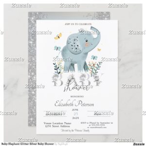 Baby Elephant Glitter Silver Baby Shower Invitation