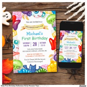 Baby First Birthday Halloween Party Monster Toys Invitation