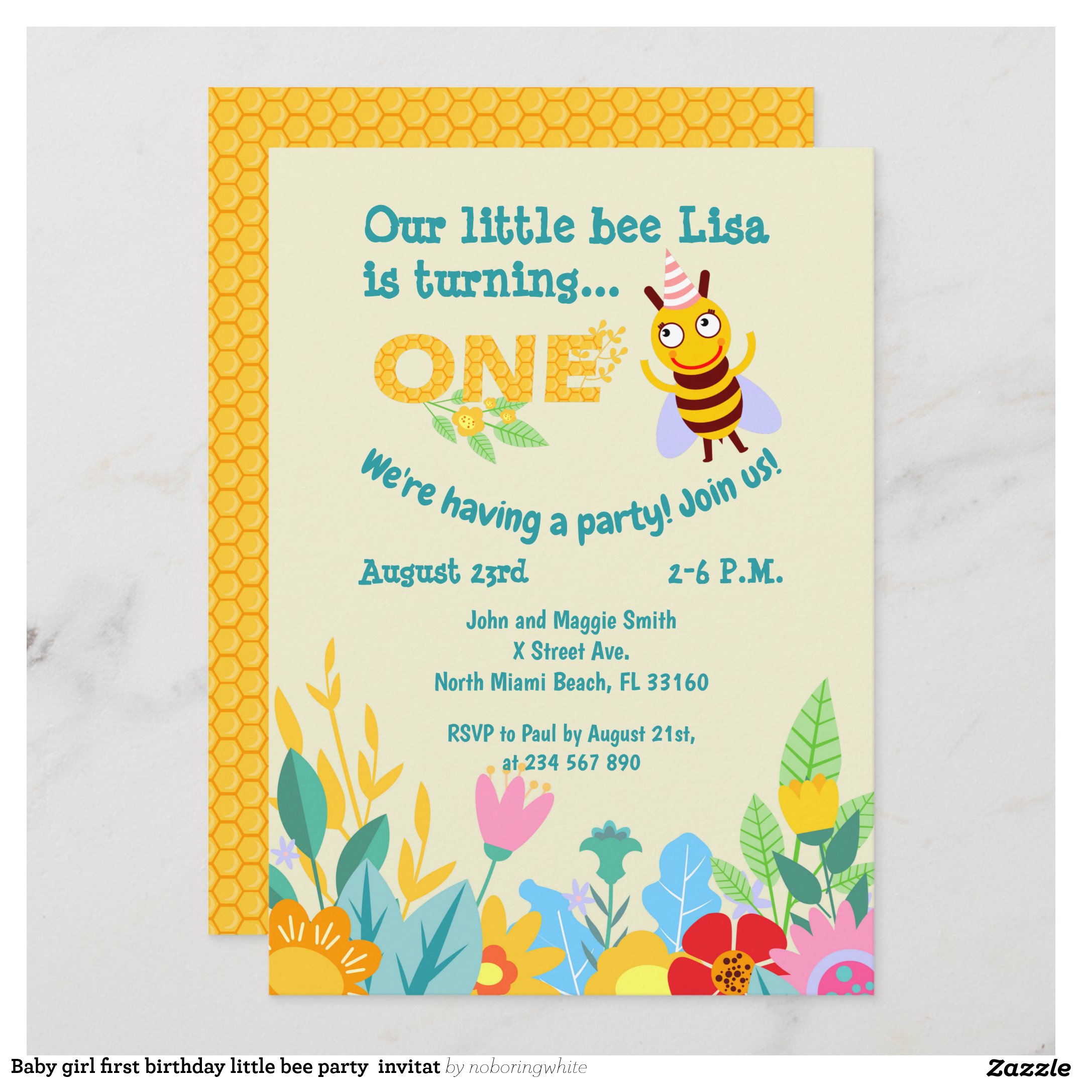 Baby girl first birthday little bee party invitat invitation
