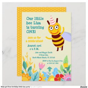 Baby girl first birthday little bee party invitation