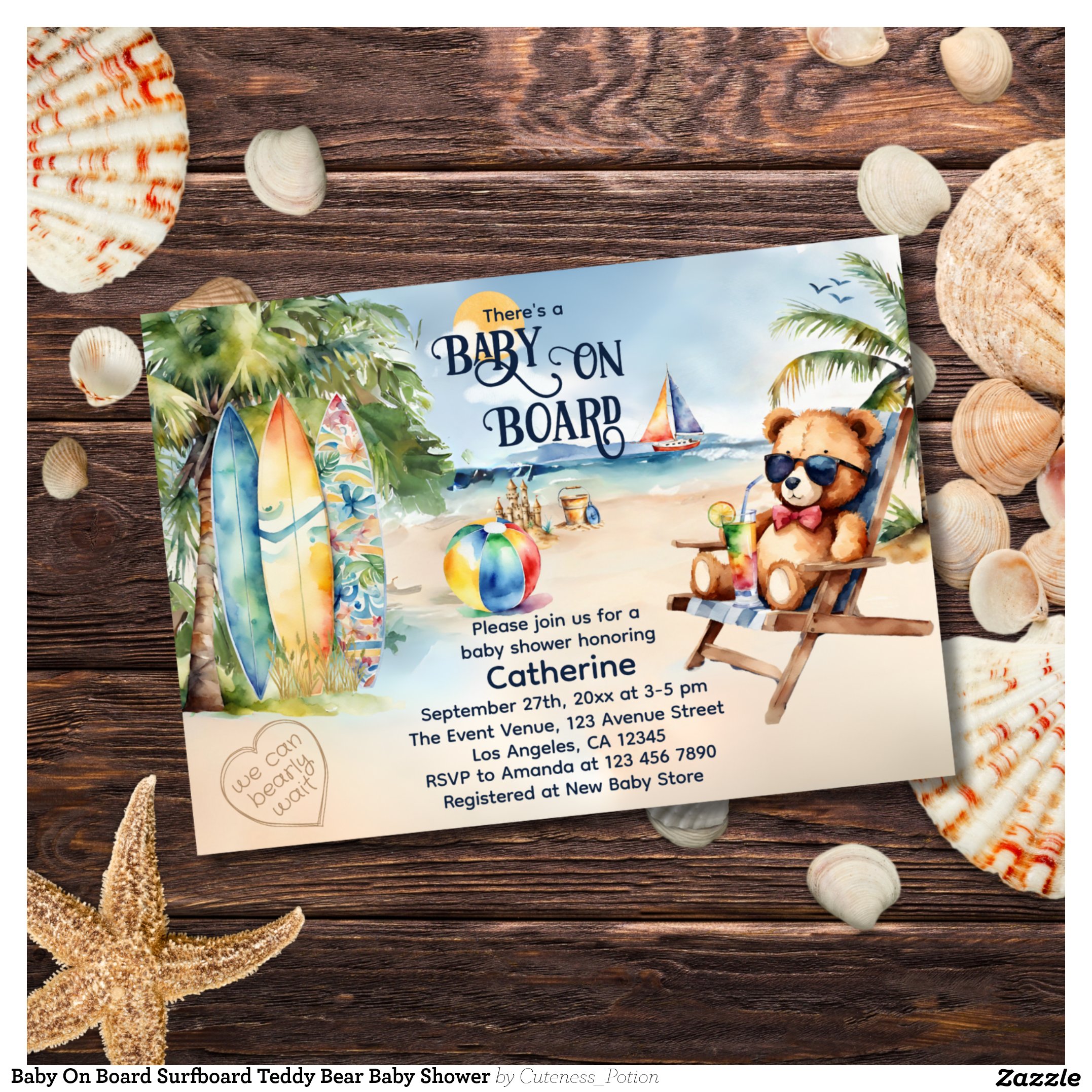 Baby On Board Surfboard Teddy Bear Baby Shower Invitation