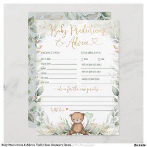 Baby Predictions & Advice Teddy Bear Greenery Game Invitation