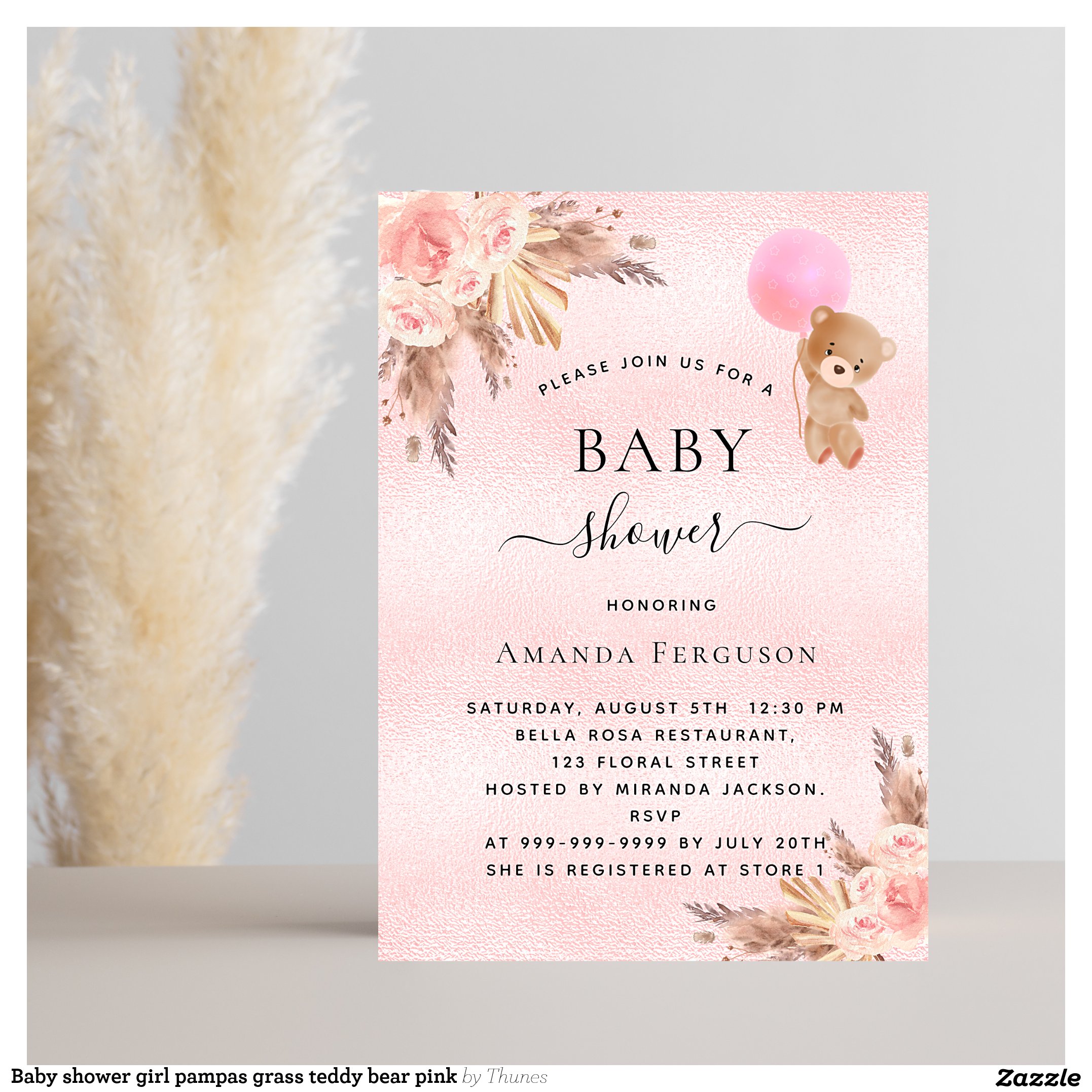 Baby shower girl pampas grass teddy bear pink invitation