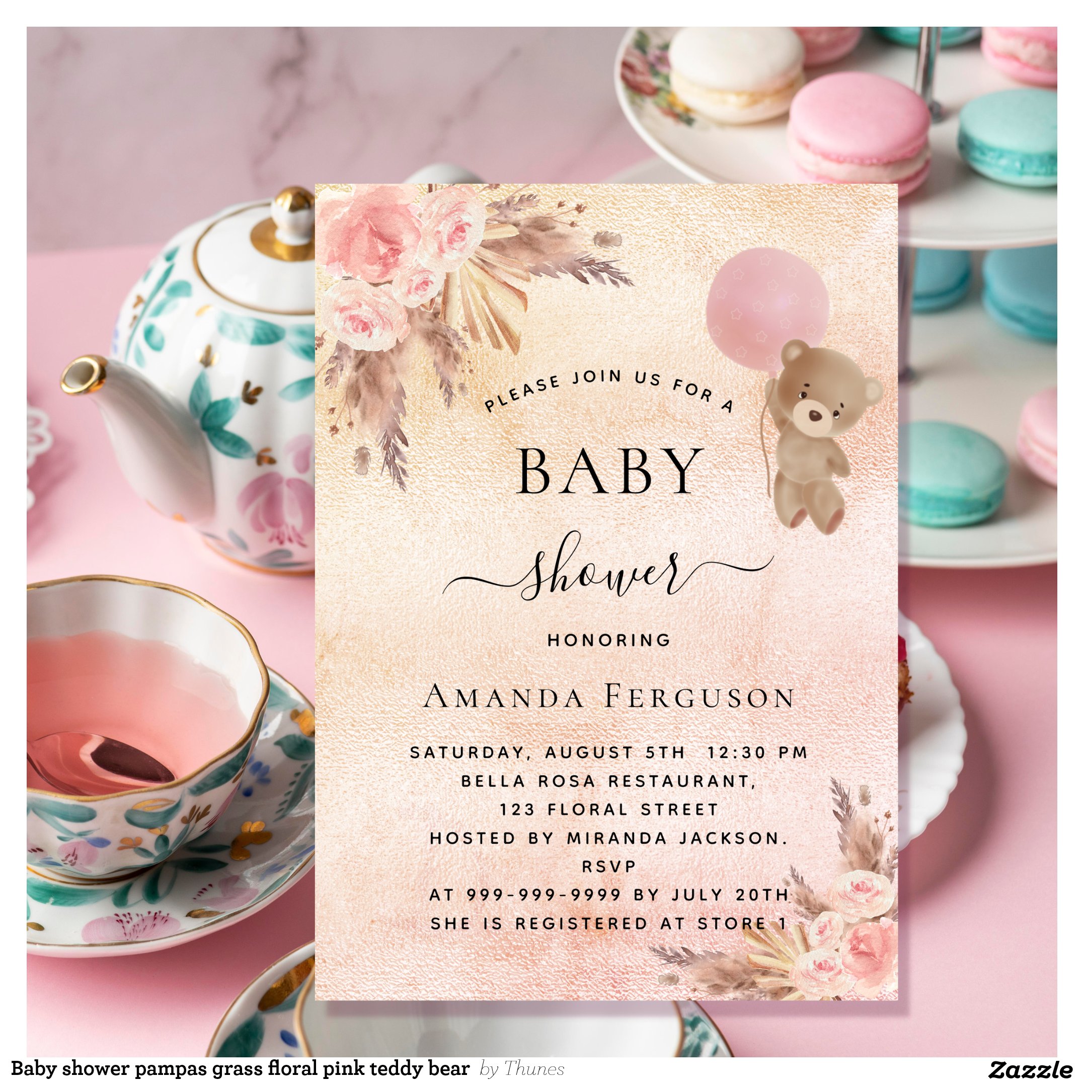 Baby shower pampas grass floral pink teddy bear invitation