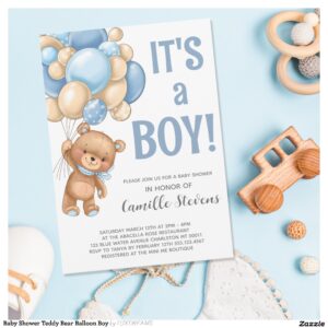 Baby Shower Teddy Bear Balloon Boy Invitation