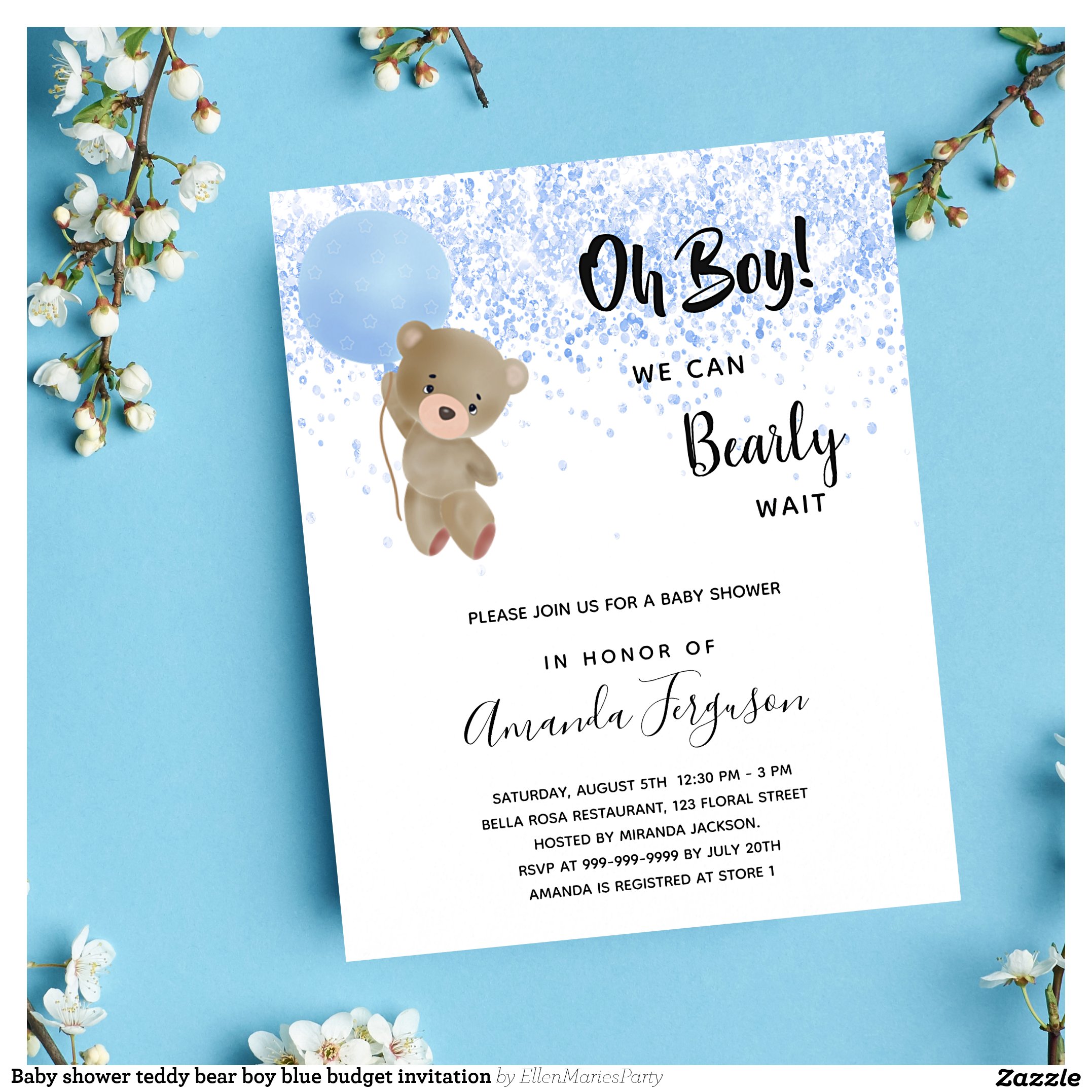 Baby shower teddy bear boy blue budget invitation flyer