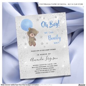 Baby shower teddy bear boy blue budget invitation flyer