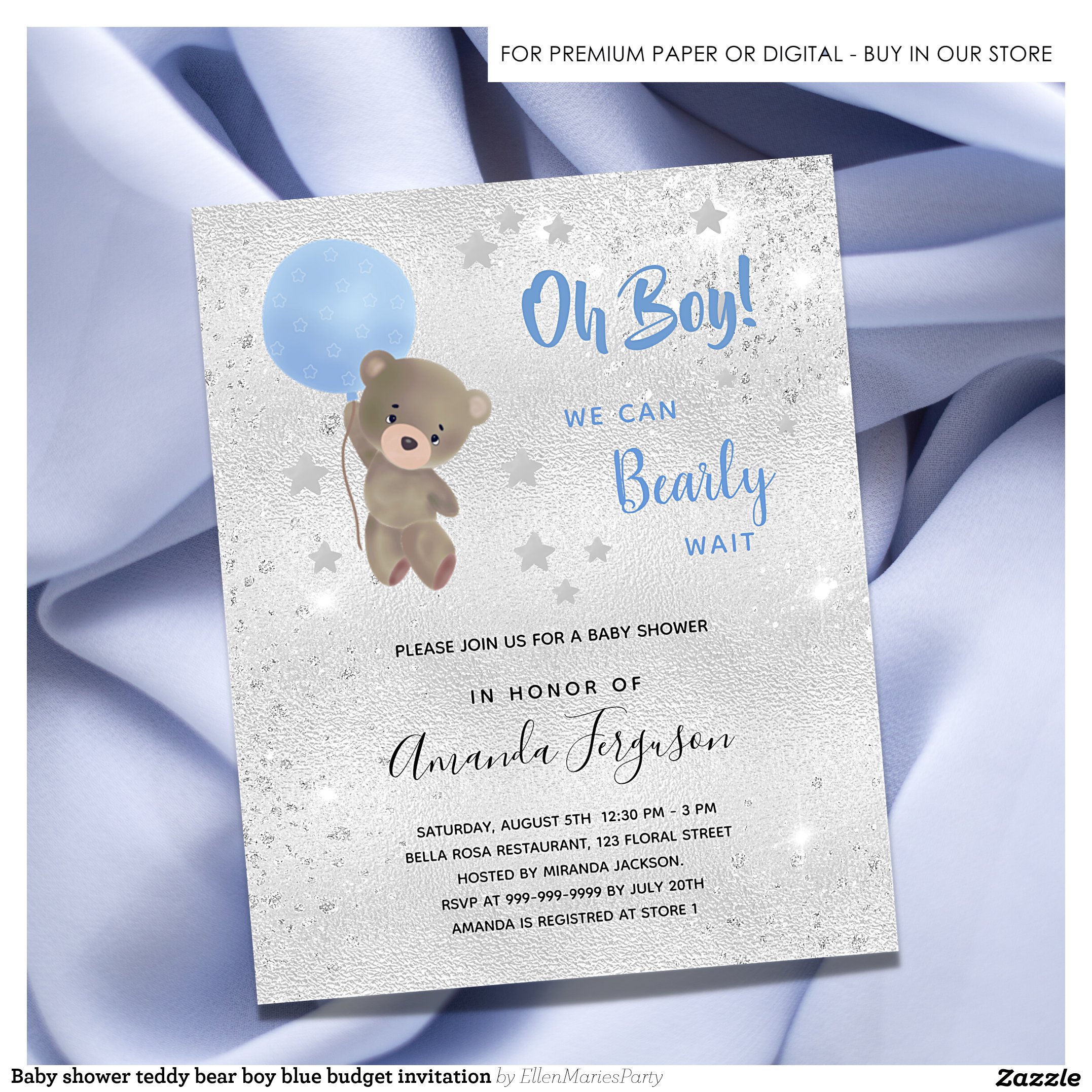 Baby shower teddy bear boy blue budget invitation flyer