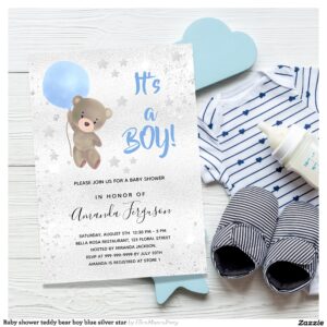 Baby shower teddy bear boy blue silver star invitation
