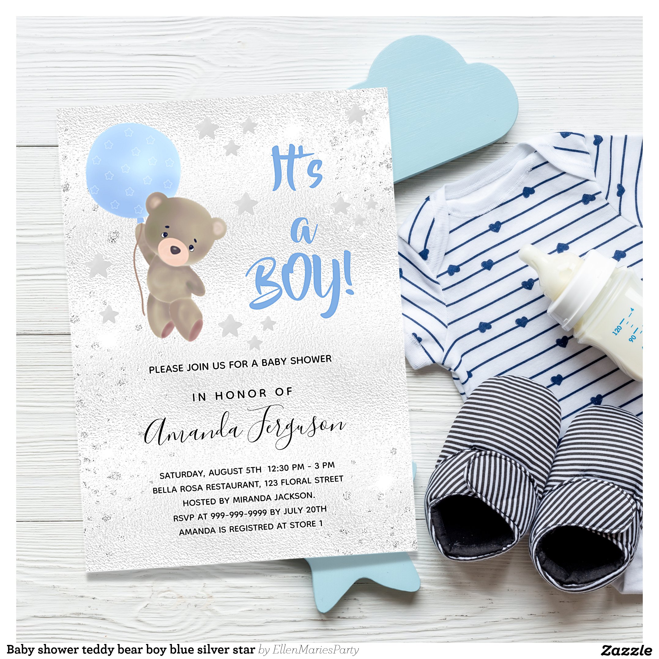Baby shower teddy bear boy blue silver star invitation