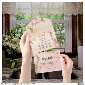 Baby Shower teddy pampas florals diaper raffle All In One Invitation