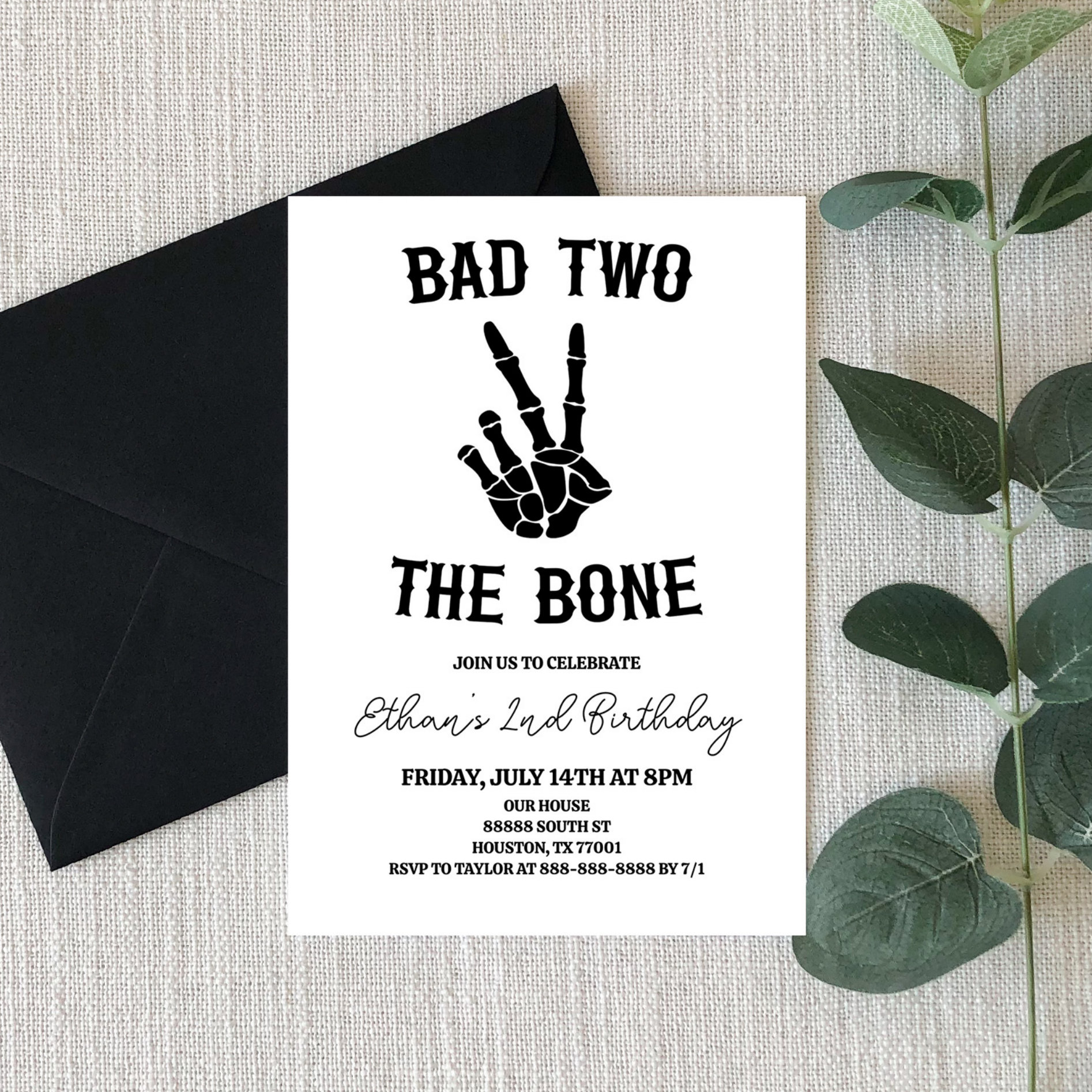 Bad Two The Bone Skeleton 2nd Birthday Party Invitation
