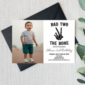 Bad Two The Bone Skeleton Photo 2nd Birthday Party Invitation