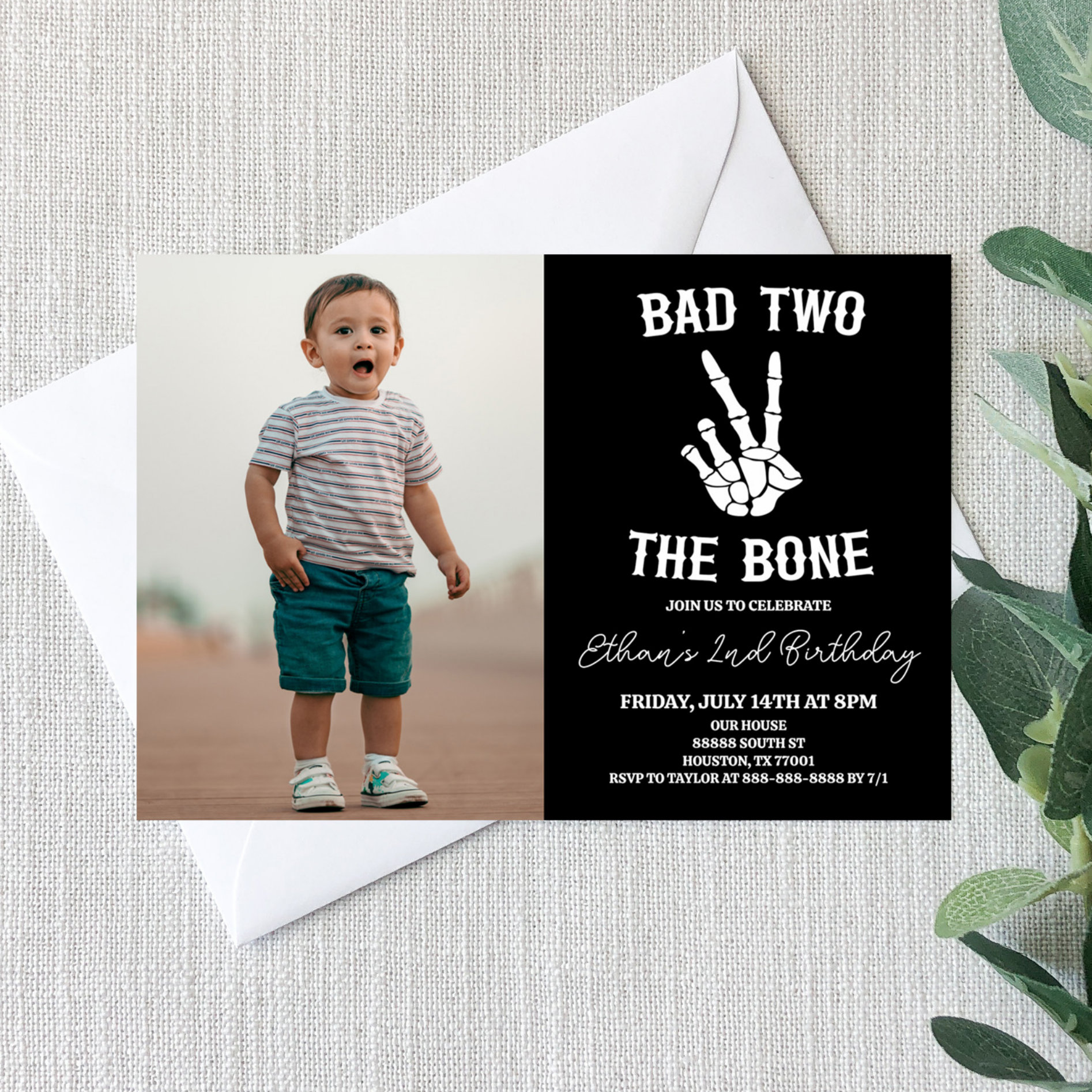 Bad Two The Bone Skeleton Photo 2nd Birthday Party Invitation